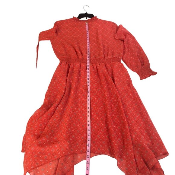 Boho Handkerchief hem Dress Women Large 12/14 red Orange print Long Sleeve - Picture 10 of 16